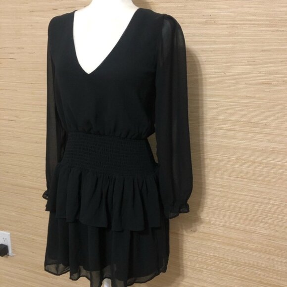 1.STATE (Revolve) RICH BLACK SMOCKED LONG SLEEVE RUFFLE MINI SWIRL DRESS XS - Picture 4 of 13